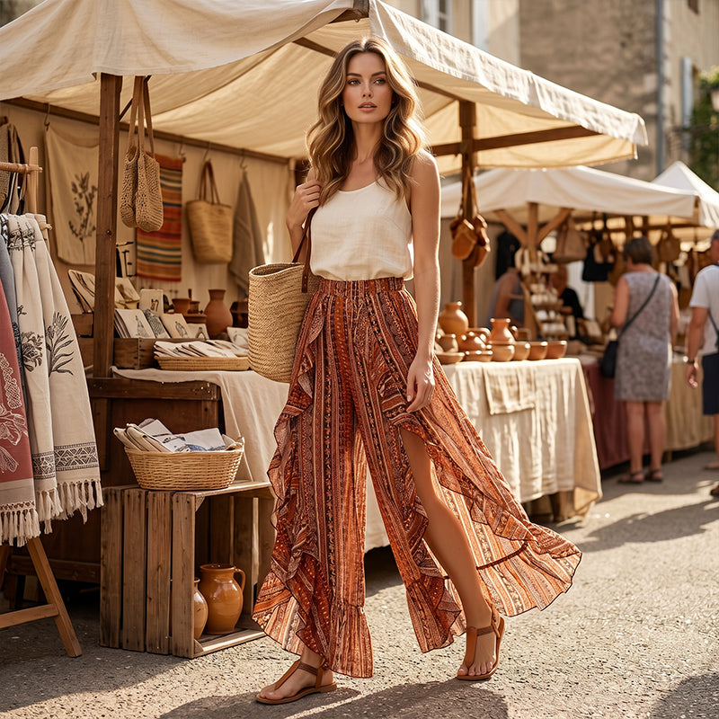 Gluschwein - Bohemian Ruffle Trim Pants with Slits