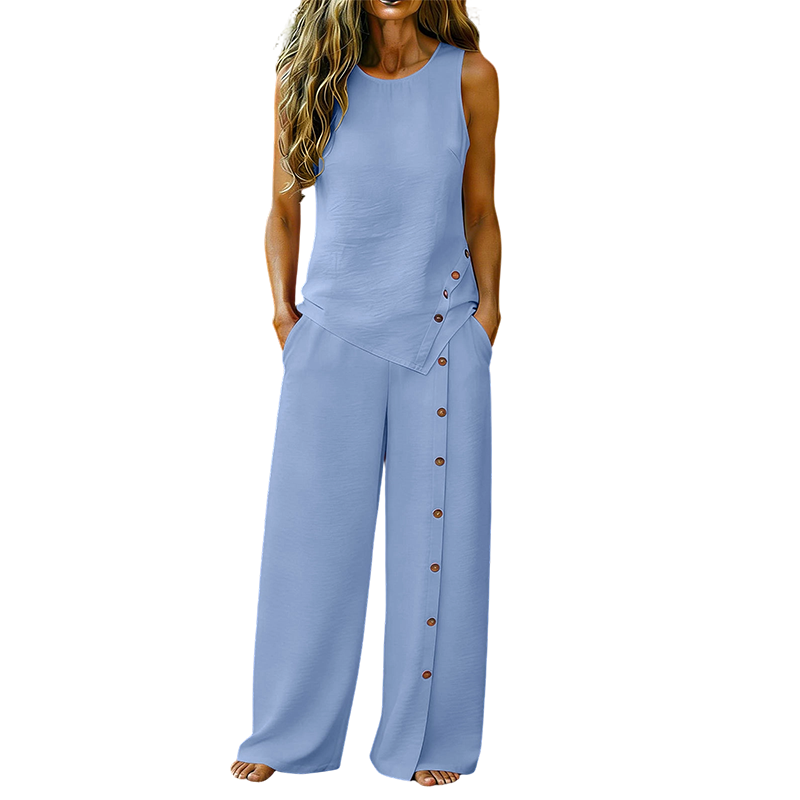 👕 NUR FÜR BEGRENZTE ZEIT: 55 % RABATT! ✨ 2-teiliges Set für Damen – ärmelloses Oberteil, Hose mit weitem Bein, 8 Farben 🌿