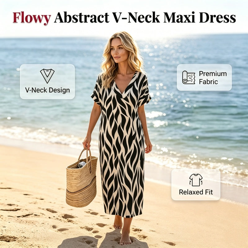Langes Damenkleid mit abstraktem Muster und V-Ausschnitt