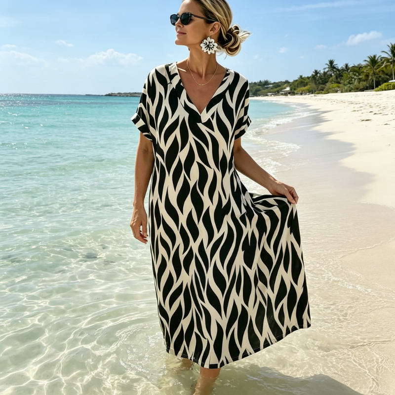 Langes Damenkleid mit abstraktem Muster und V-Ausschnitt