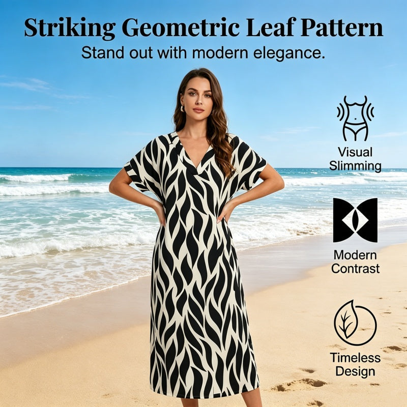 Langes Damenkleid mit abstraktem Muster und V-Ausschnitt