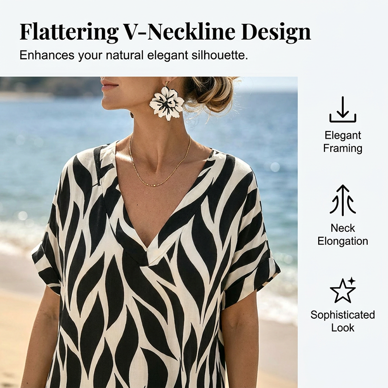 Langes Damenkleid mit abstraktem Muster und V-Ausschnitt