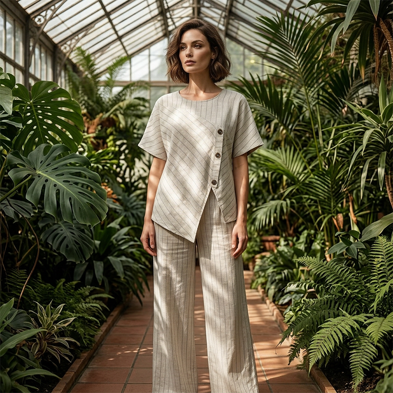Gluschwein - 👩 Damen Zweiteiler: Knopfbluse & Weite Hose – Elegant Gestreiftes Set für Büro & Freizeit!