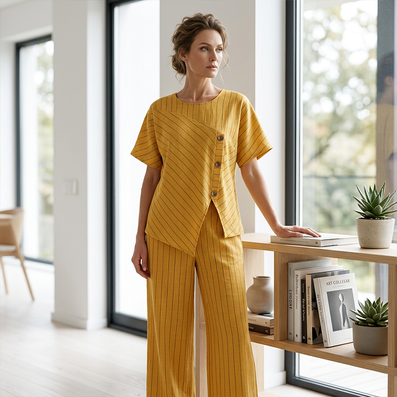 Gluschwein - 👩 Damen Zweiteiler: Knopfbluse & Weite Hose – Elegant Gestreiftes Set für Büro & Freizeit!