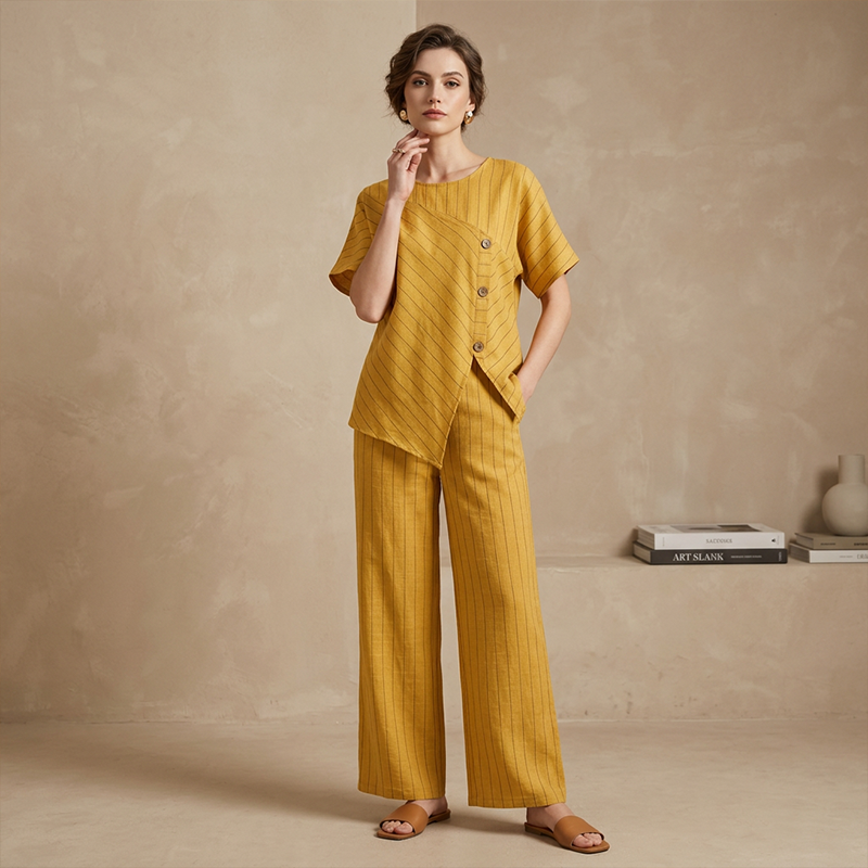 Gluschwein - 👩 Damen Zweiteiler: Knopfbluse & Weite Hose – Elegant Gestreiftes Set für Büro & Freizeit!