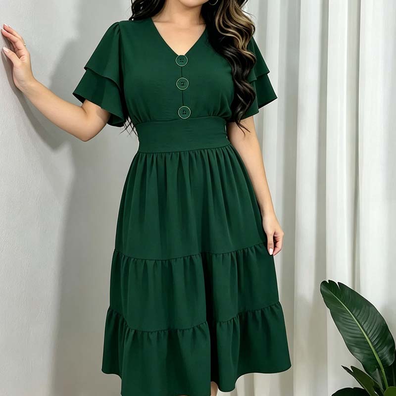 ⏰ 50 % RABATT – Nur für kurze Zeit ✨Damens Kleid mit V-Ausschnitt, Rüschenärmeln und gestuften Etagen – Midi-Länge