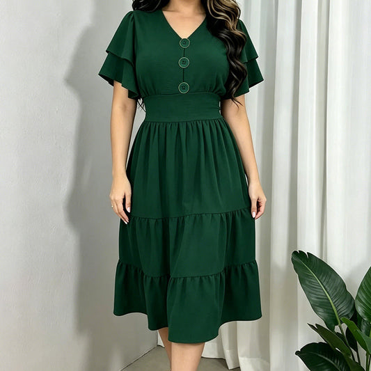 Gluschwein - ⏰ 50 % RABATT – Nur für kurze Zeit ✨Damens Kleid mit V-Ausschnitt, Rüschenärmeln und gestuften Etagen – Midi-Länge