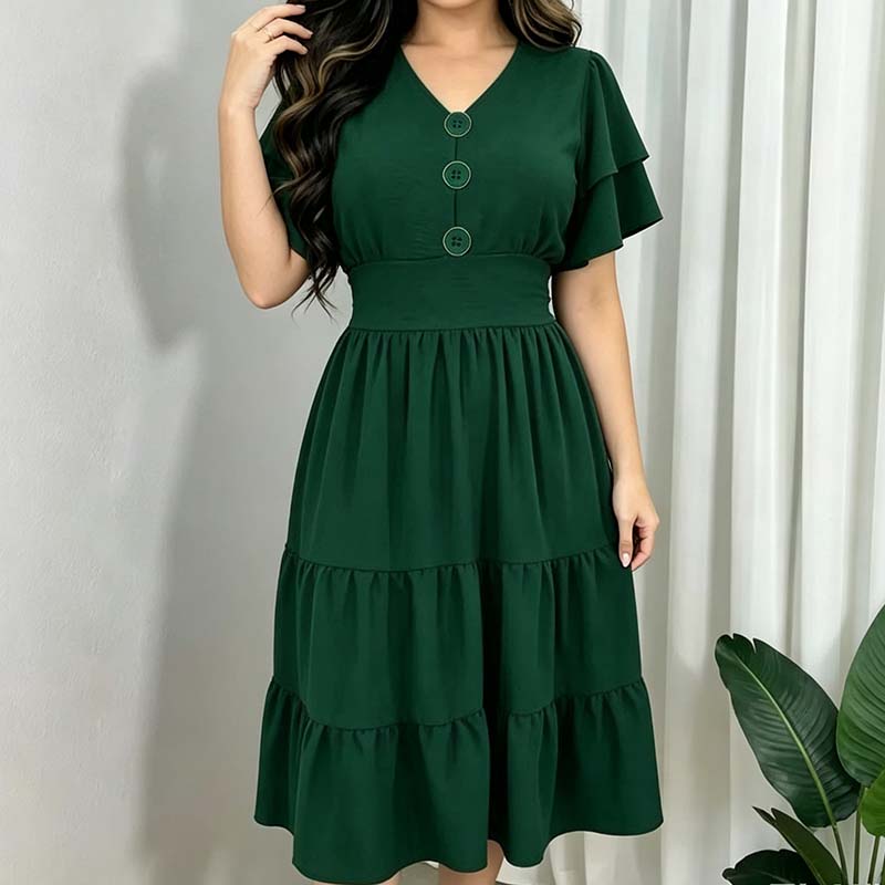 ⏰ 50 % RABATT – Nur für kurze Zeit ✨Damens Kleid mit V-Ausschnitt, Rüschenärmeln und gestuften Etagen – Midi-Länge