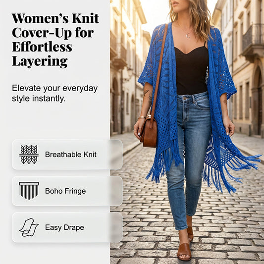 🧥 50% RABATT! ✨💙 💙 Boho Strick Cardigan mit Fransen ✨ Damen durchscheinender Lochstrick Überwurf | atmungsaktiver Sommer Strickjacke für Alltag & Abendoutfit