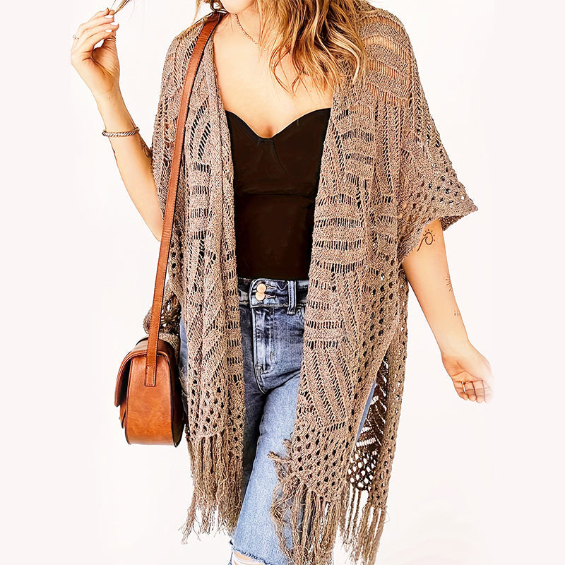 🧥 50% RABATT! ✨💙 💙 Boho Strick Cardigan mit Fransen ✨ Damen durchscheinender Lochstrick Überwurf | atmungsaktiver Sommer Strickjacke für Alltag & Abendoutfit