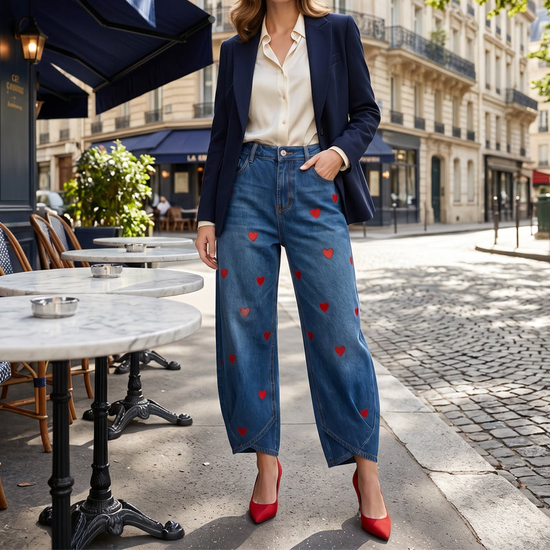 ✨ Lässige Damen-Jeans mit Herzmotiv, weiter Schnitt💖 Modische Damenjeans mit Herzprint