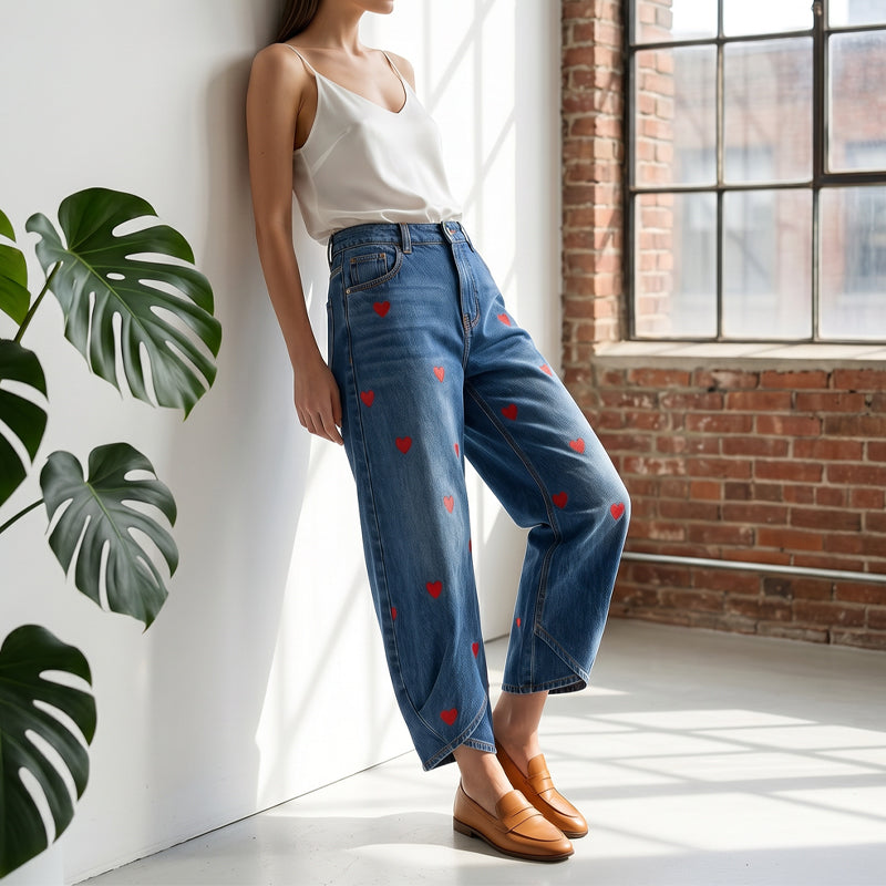 ✨ Lässige Damen-Jeans mit Herzmotiv, weiter Schnitt💖 Modische Damenjeans mit Herzprint