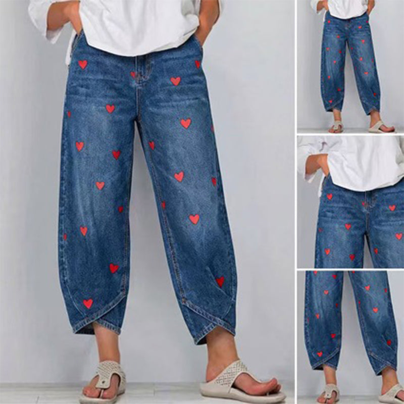 ✨ Lässige Damen-Jeans mit Herzmotiv, weiter Schnitt💖 Modische Damenjeans mit Herzprint