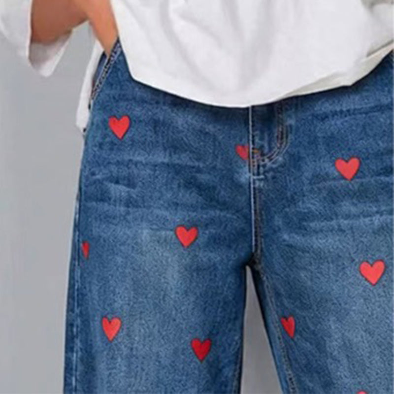 ✨ Lässige Damen-Jeans mit Herzmotiv, weiter Schnitt💖 Modische Damenjeans mit Herzprint