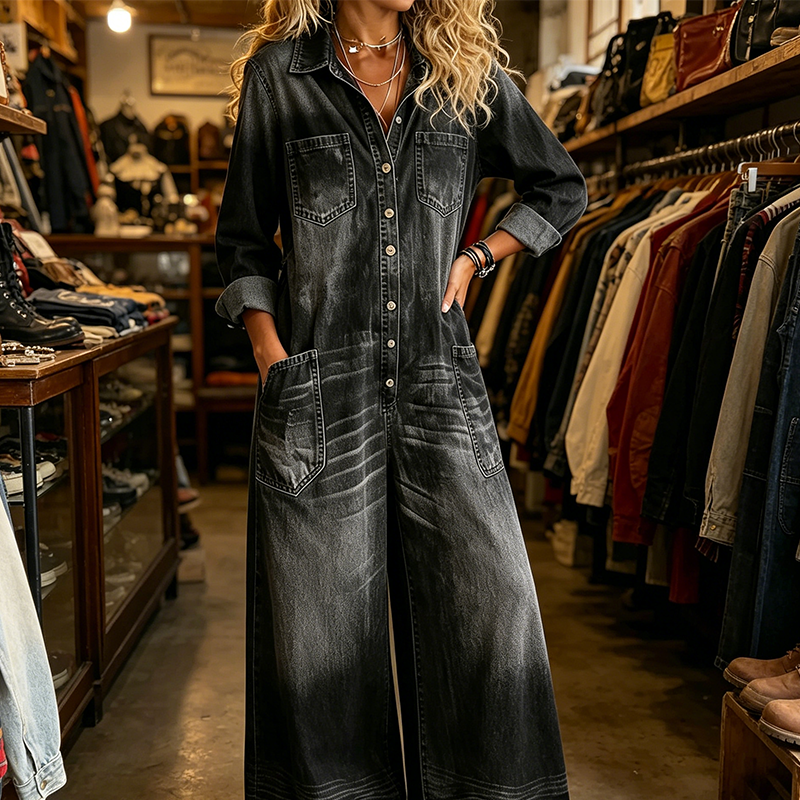 👖Lässiger Damen-Jumpsuit aus Denim mit langen Ärmeln