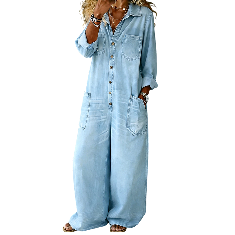👖Lässiger Damen-Jumpsuit aus Denim mit langen Ärmeln