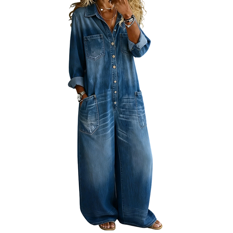 👖Lässiger Damen-Jumpsuit aus Denim mit langen Ärmeln