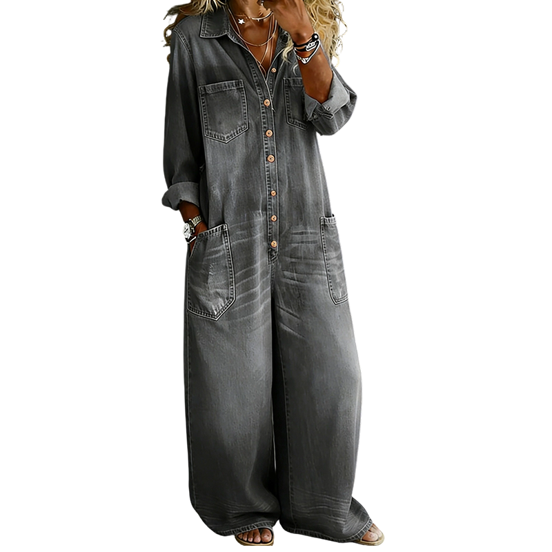 👖Lässiger Damen-Jumpsuit aus Denim mit langen Ärmeln