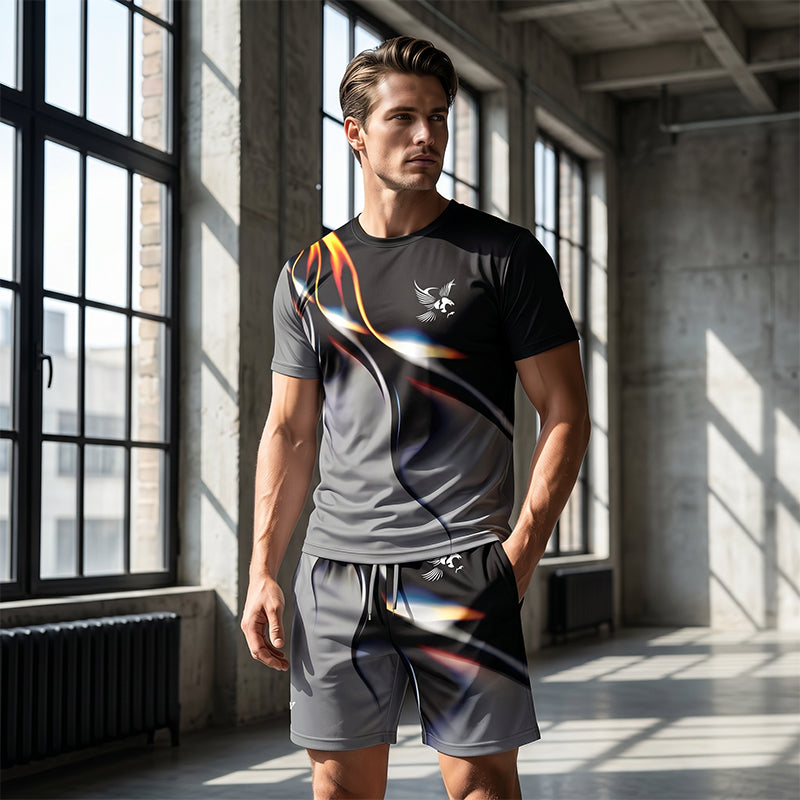 🔥Herren Sport & Freizeit Set: T-Shirt & Shorts mit abstraktem Print – Schnelltrocknend & bequem für Sommer🛍️