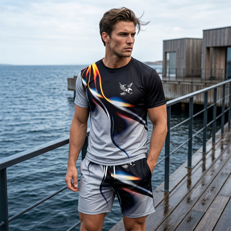 🔥Herren Sport & Freizeit Set: T-Shirt & Shorts mit abstraktem Print – Schnelltrocknend & bequem für Sommer🛍️