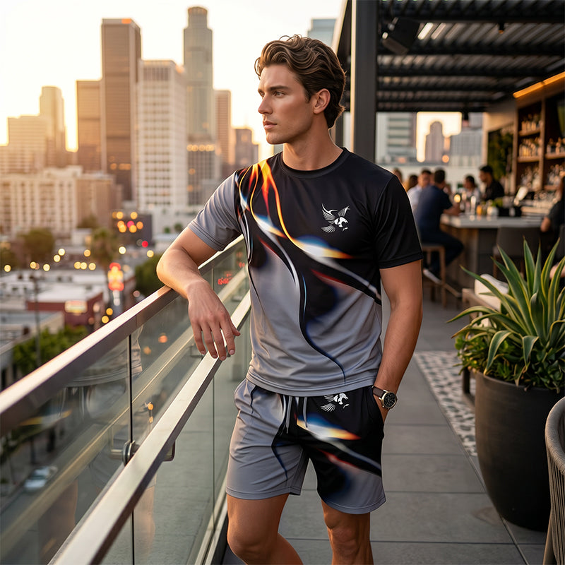 🔥Herren Sport & Freizeit Set: T-Shirt & Shorts mit abstraktem Print – Schnelltrocknend & bequem für Sommer🛍️