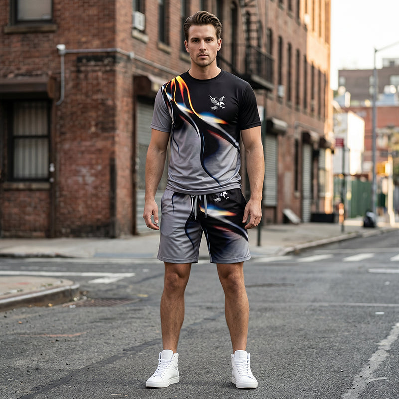 🔥Herren Sport & Freizeit Set: T-Shirt & Shorts mit abstraktem Print – Schnelltrocknend & bequem für Sommer🛍️