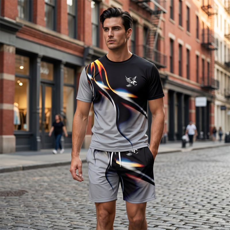 🔥Herren Sport & Freizeit Set: T-Shirt & Shorts mit abstraktem Print – Schnelltrocknend & bequem für Sommer🛍️