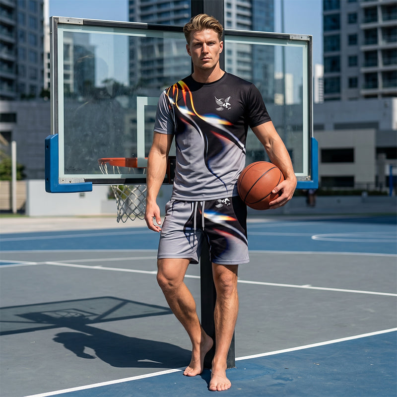 🔥Herren Sport & Freizeit Set: T-Shirt & Shorts mit abstraktem Print – Schnelltrocknend & bequem für Sommer🛍️