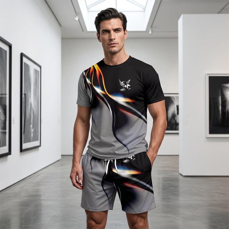 🔥Herren Sport & Freizeit Set: T-Shirt & Shorts mit abstraktem Print – Schnelltrocknend & bequem für Sommer🛍️