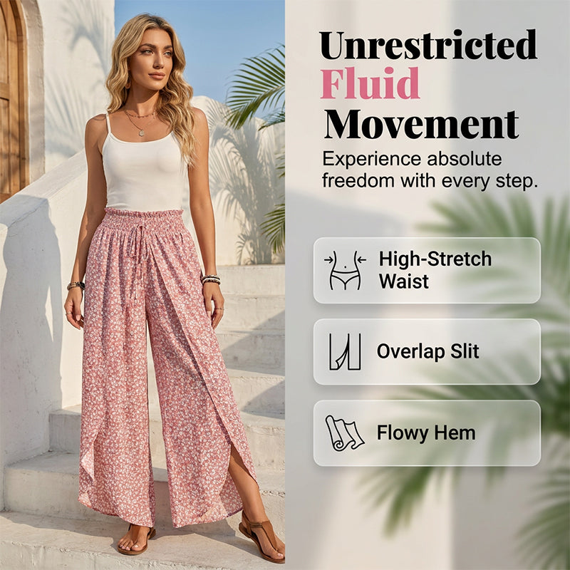 Women's Smocked Waist Wide-Leg Pants with Slit