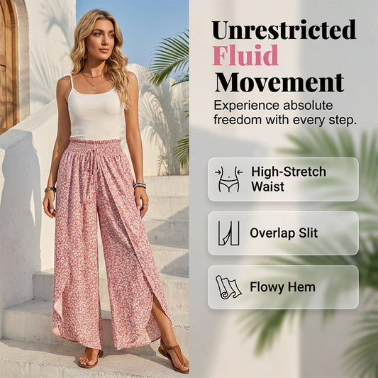 Gluschwein - Women's Smocked Waist Wide-Leg Pants with Slit