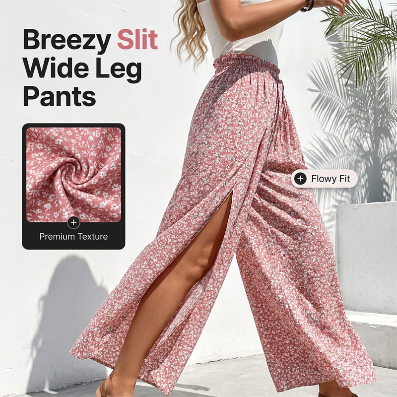 Women's Smocked Waist Wide-Leg Pants with Slit