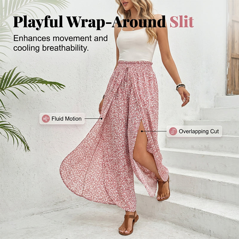 Women's Smocked Waist Wide-Leg Pants with Slit