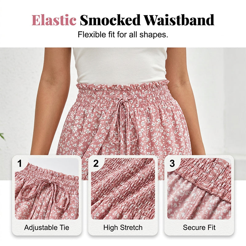 Women's Smocked Waist Wide-Leg Pants with Slit