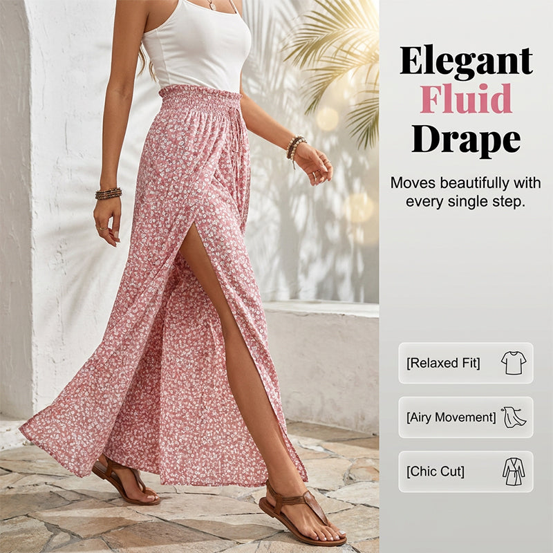 Women's Smocked Waist Wide-Leg Pants with Slit