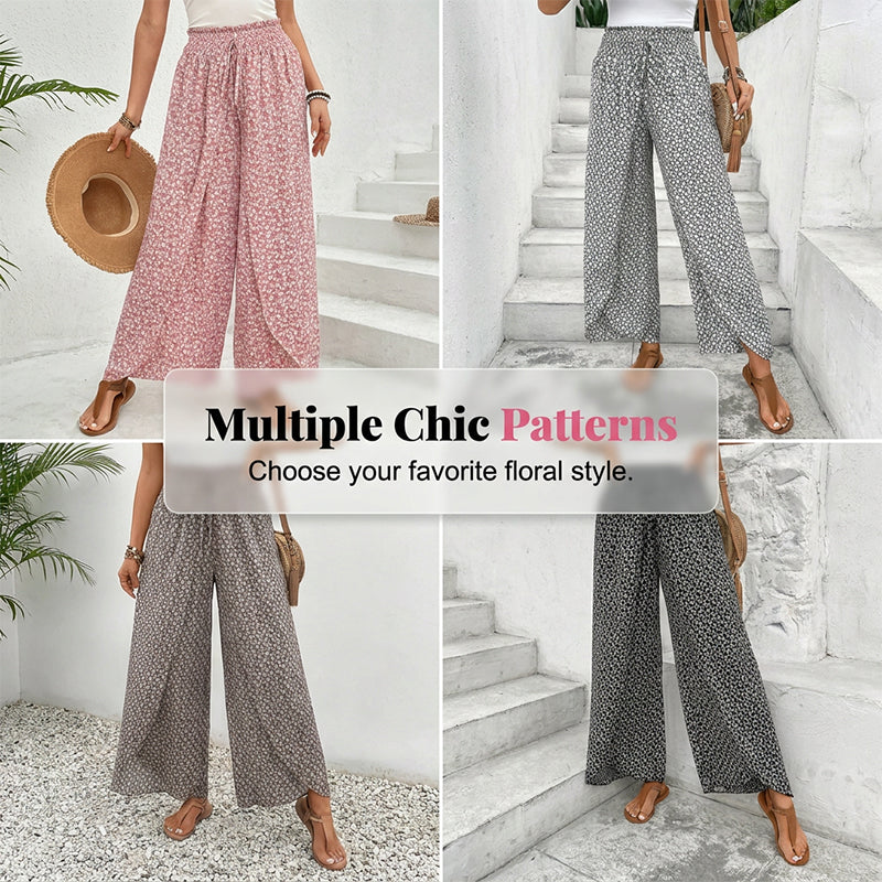 Women's Smocked Waist Wide-Leg Pants with Slit