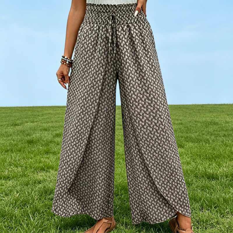 Women's Smocked Waist Wide-Leg Pants with Slit