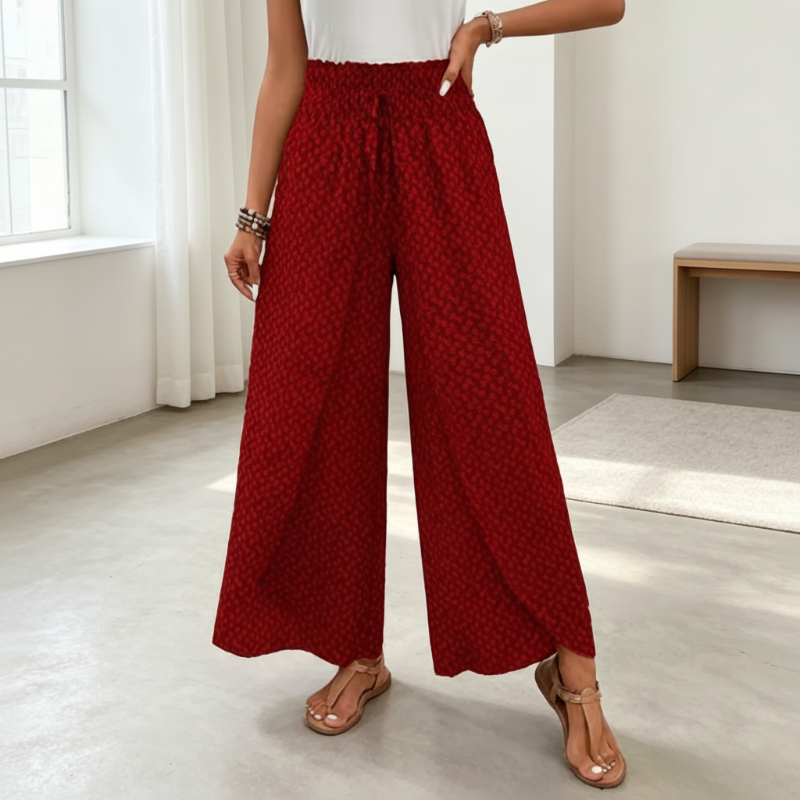 Women's Smocked Waist Wide-Leg Pants with Slit