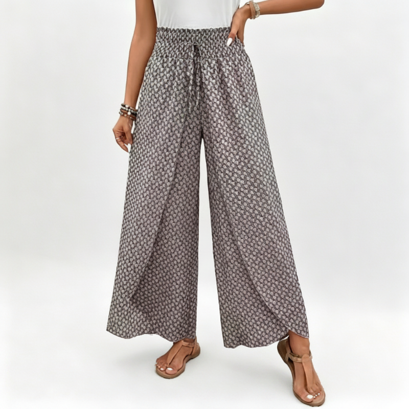 Women's Smocked Waist Wide-Leg Pants with Slit