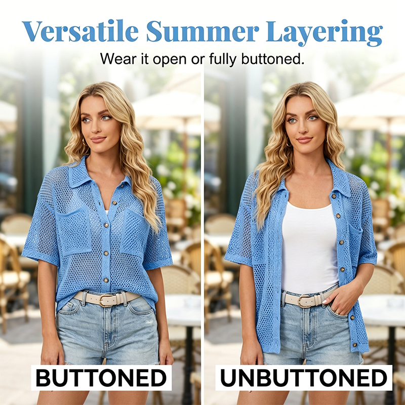 🔥50 % Rabatt! 🧶 Damen Kurzarm-Strickbluse mit Knöpfen – Gratis Halskette als Geschenk!