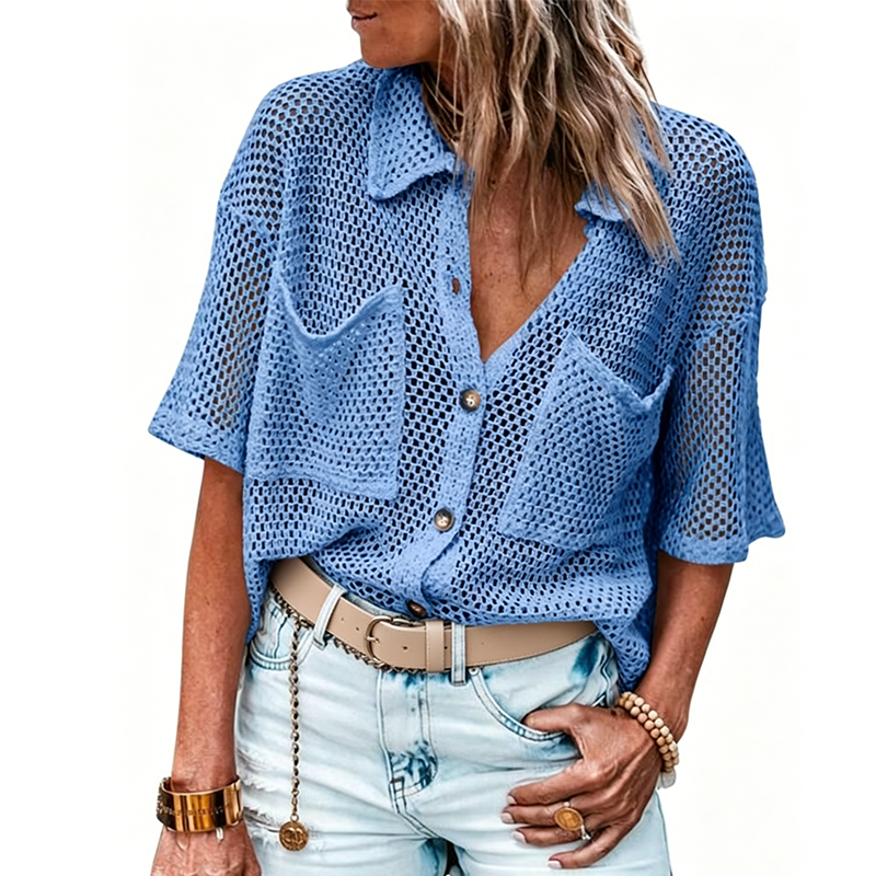 🔥50 % Rabatt! 🧶 Damen Kurzarm-Strickbluse mit Knöpfen – Gratis Halskette als Geschenk!
