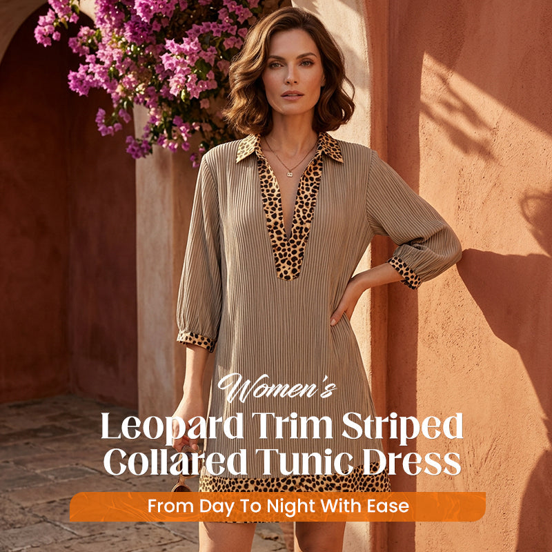 🥳Jetzt 50% reduziert!🎁Tunika-Kleid für Damen mit Kragen, Streifenmuster und Leopardenbesatz