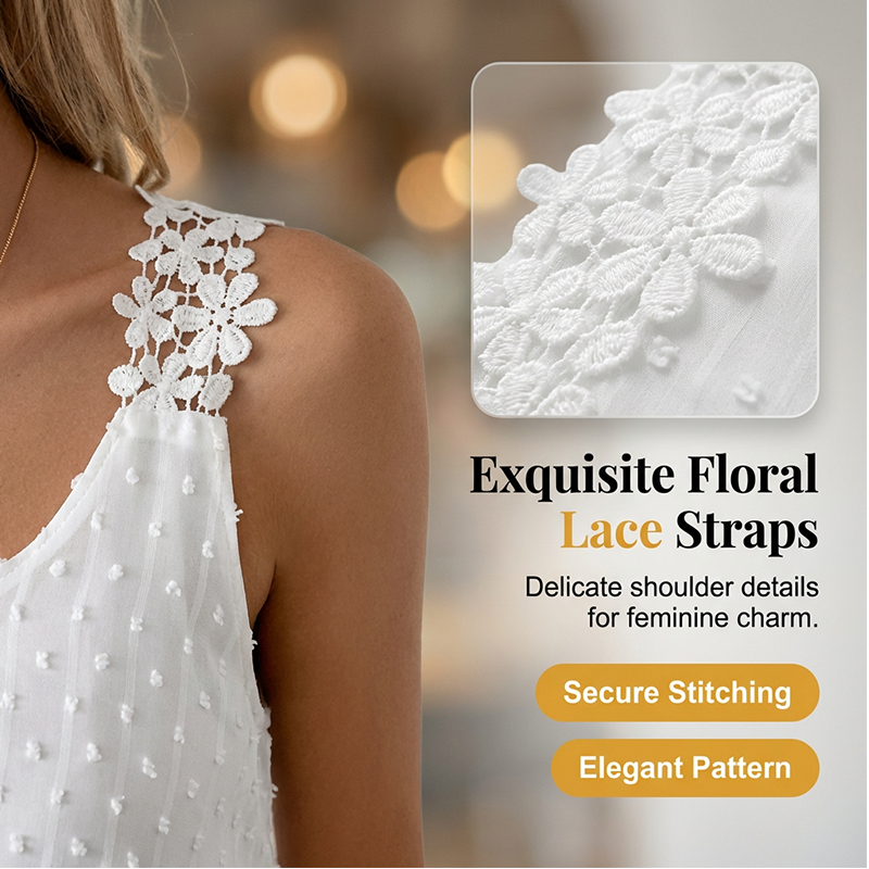 👕✨ 50% RABATT – NUR FÜR KURZE ZEIT! Elegantes Tanktop mit Spitzen-Trägern und Punktmuster – Lässig, feminin & perfekt für Sommer & Alltag ✨