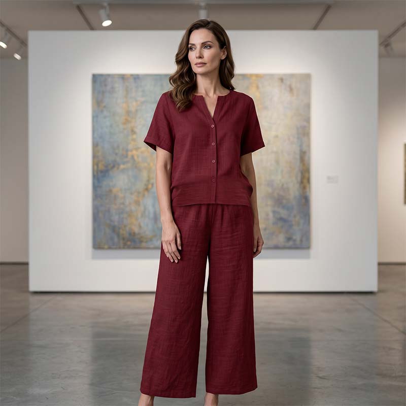 Set aus kurzärmeligem Oberteil und Hose mit weitem Bein für Damen