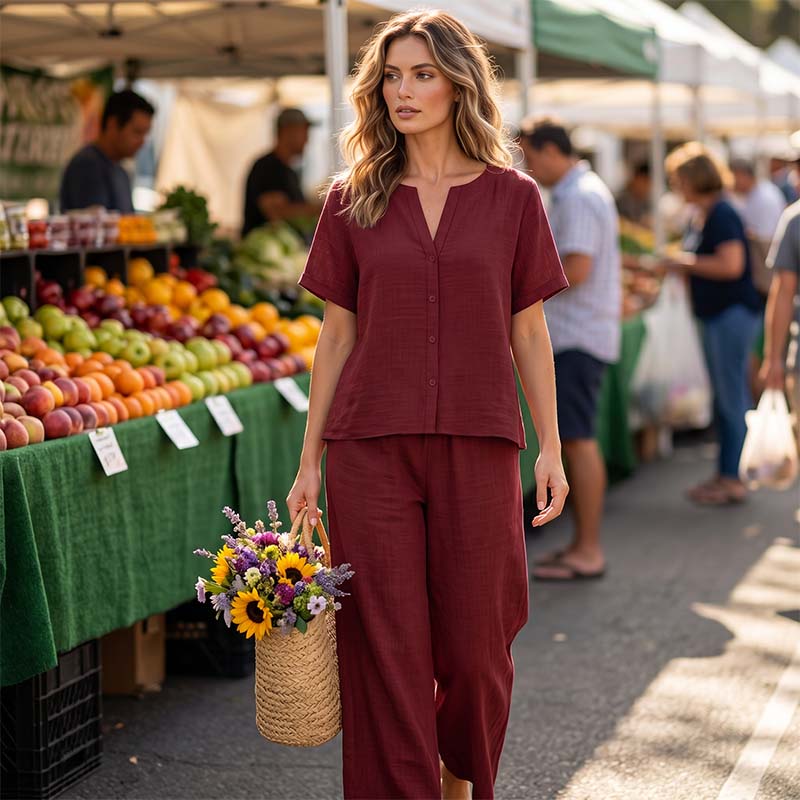 Set aus kurzärmeligem Oberteil und Hose mit weitem Bein für Damen