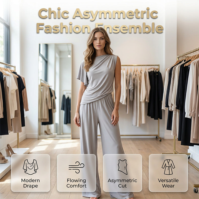Damenmode: Einfarbiges Set aus asymmetrischem Oberteil und Hose