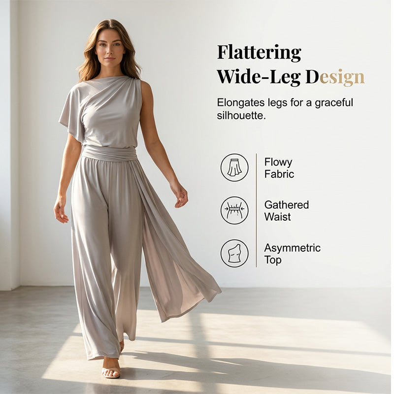 Damenmode: Einfarbiges Set aus asymmetrischem Oberteil und Hose