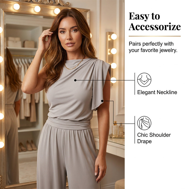 Damenmode: Einfarbiges Set aus asymmetrischem Oberteil und Hose