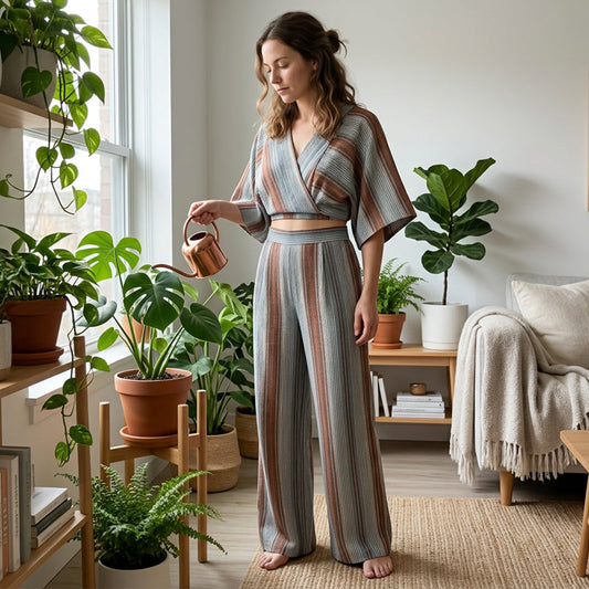 ☀️🔥Set aus gestreiftem Crop-Top und Hose mit weitem Bein für Damen