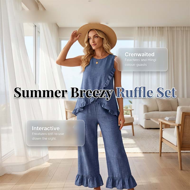 ☀️Sommerliches Set aus ärmelloser Bluse und Hose mit Rüschen am Saum✨